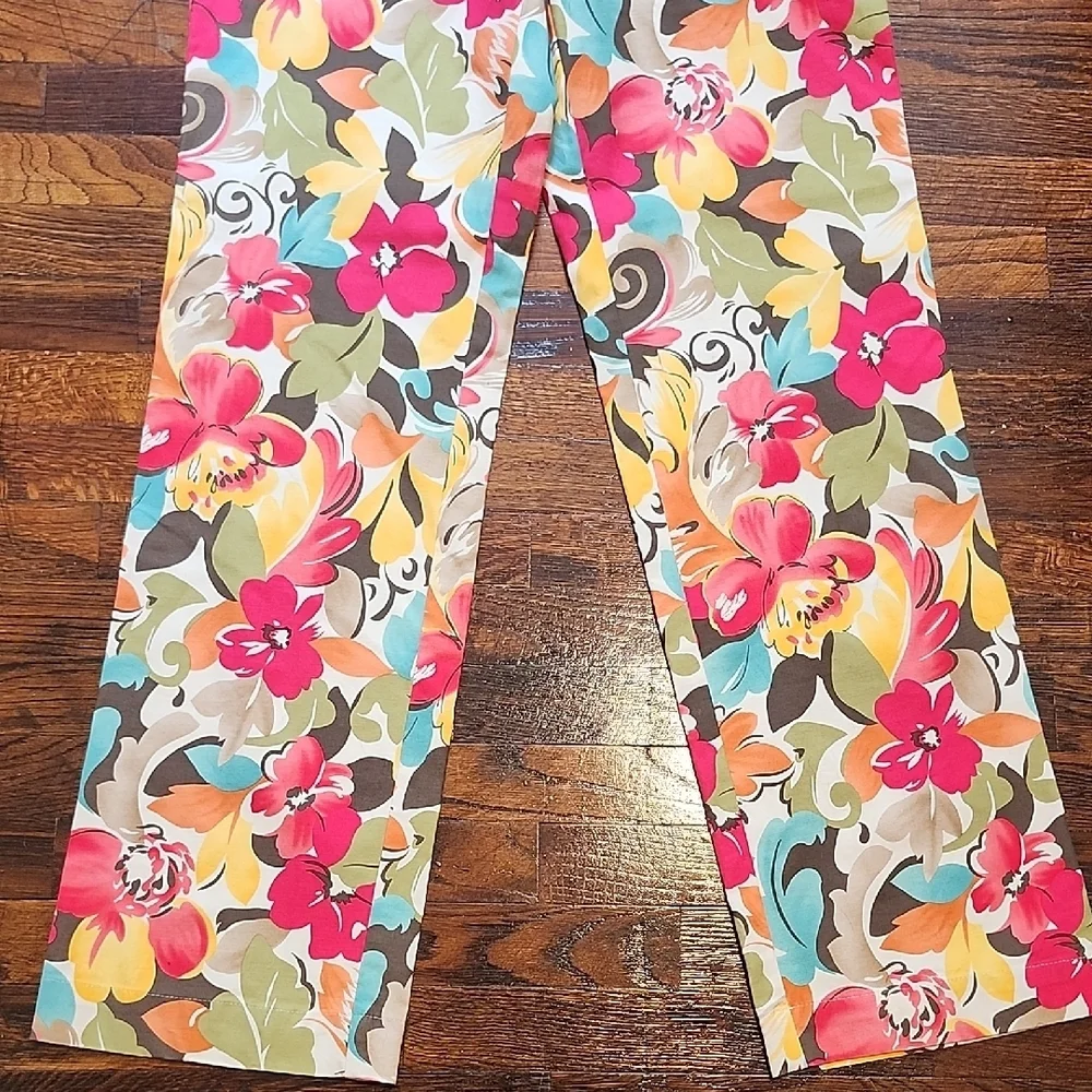 NWT Talbots Stretch Multicolored Tropical Floral Cotton Blend Pants 32